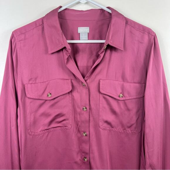 Chico's Sandwashed Satin Shirt 100% Modal Size 16/18 Pinkish Purple Button Up - Picture 2 of 10